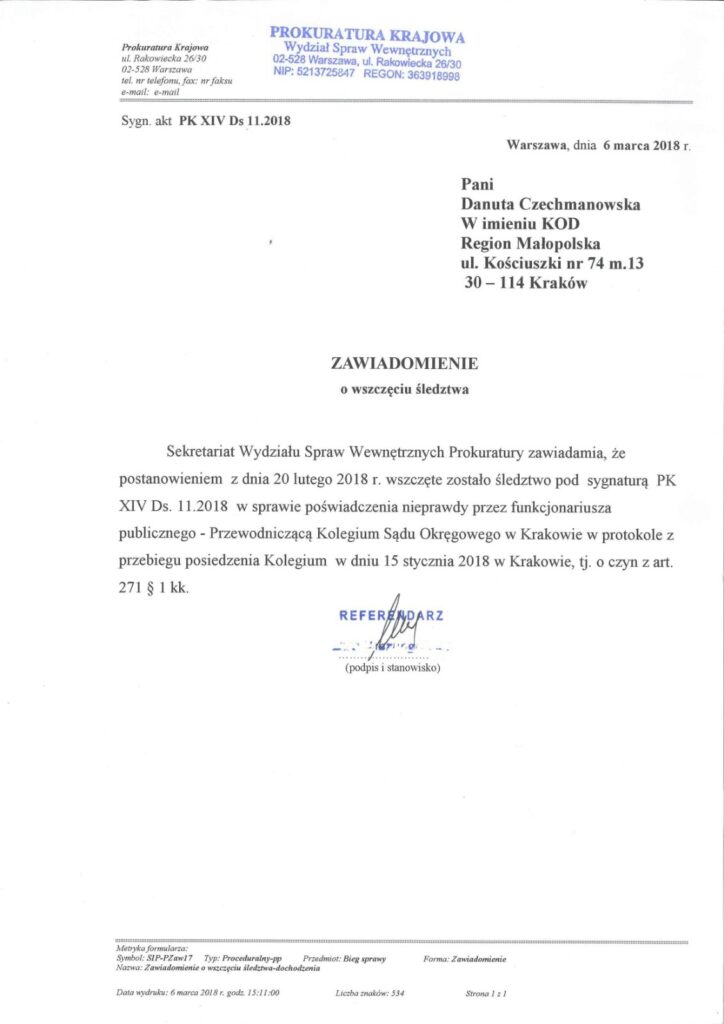 Odwołanie Do Obiektu Nie Zostało Ustawione Na Wystąpienie Obiektu Oświadczenie Zarządu Regionu KOD Małopolska o wszczęciu postępowania w