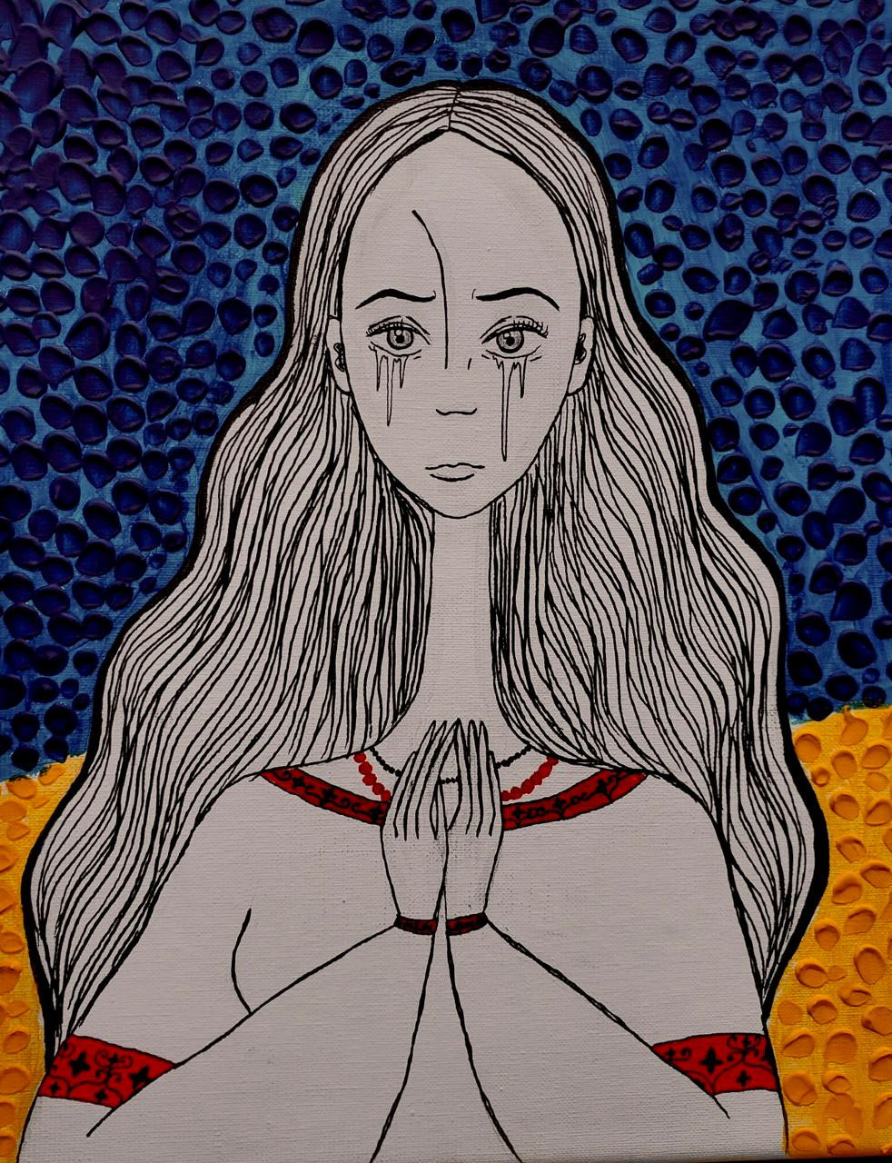 Płacząca kobieta na niebiesko-żółtym tle